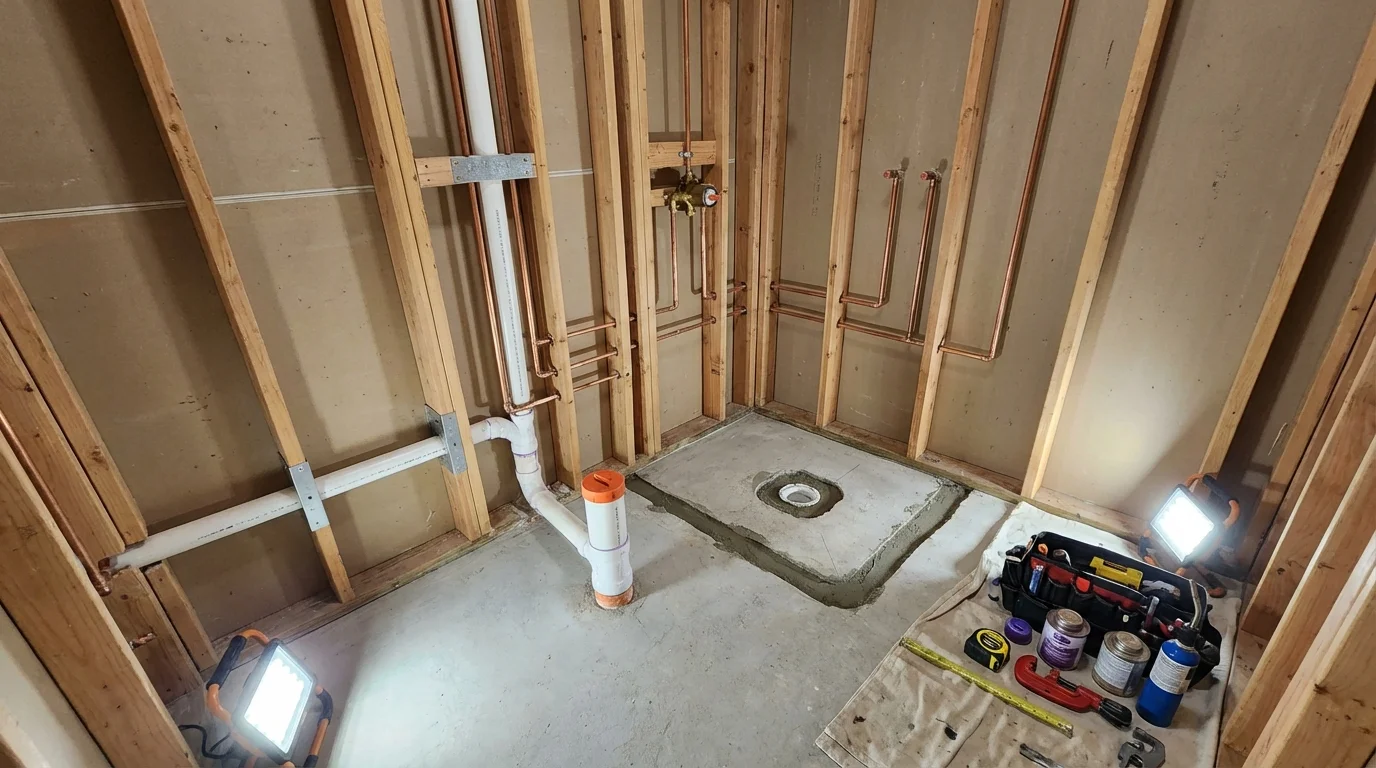 Bathroom rough-in plumbing during remodel by Johns Plumbing LLC in Bartlesville