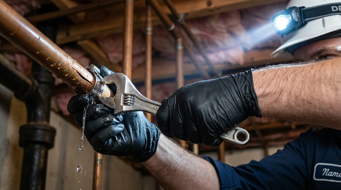 Emergency pipe clamp repair being performed by a Johns Plumbing LLC plumber in Bartlesville