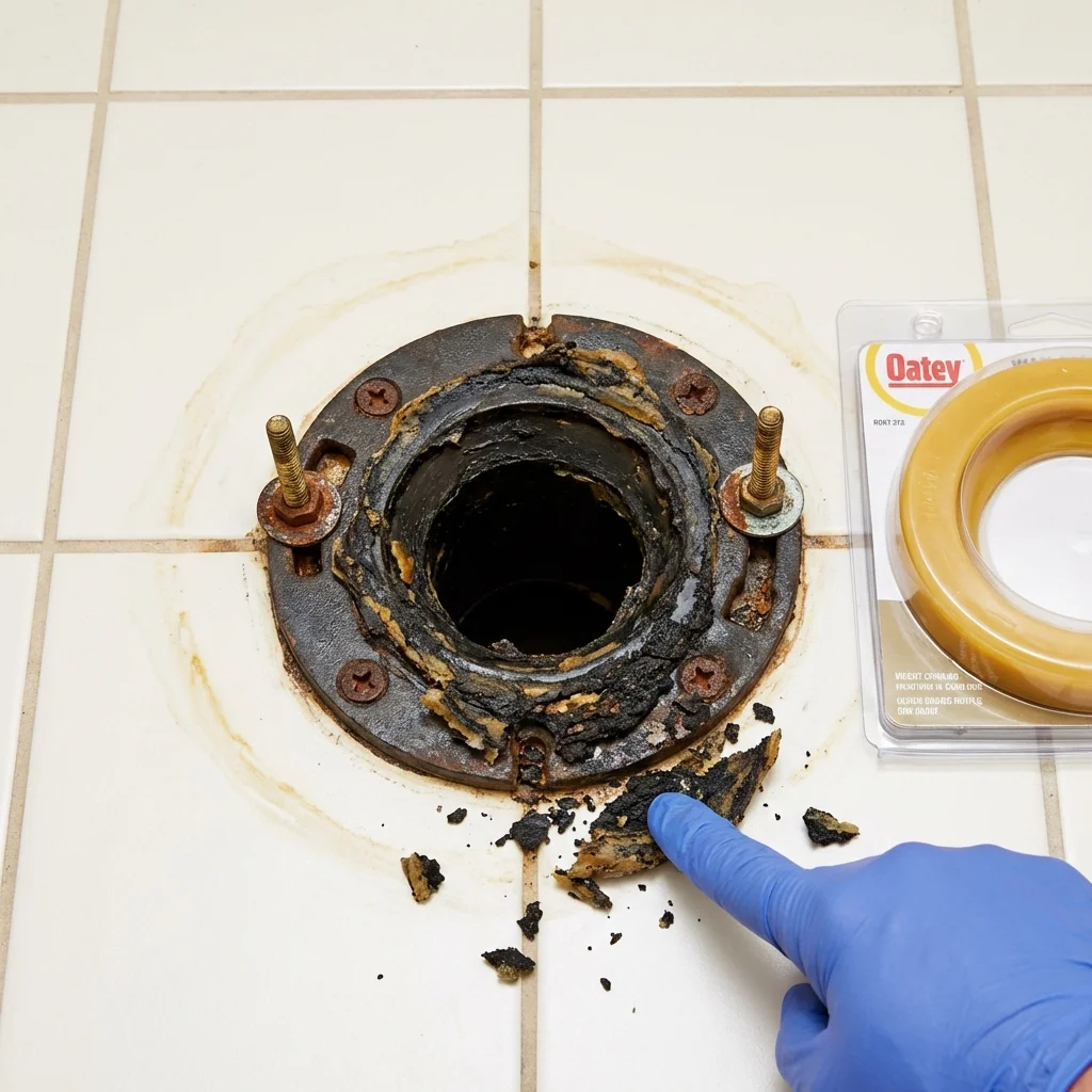 Failed wax ring showing water seepage at the base of a toilet in a Bartlesville, OK home