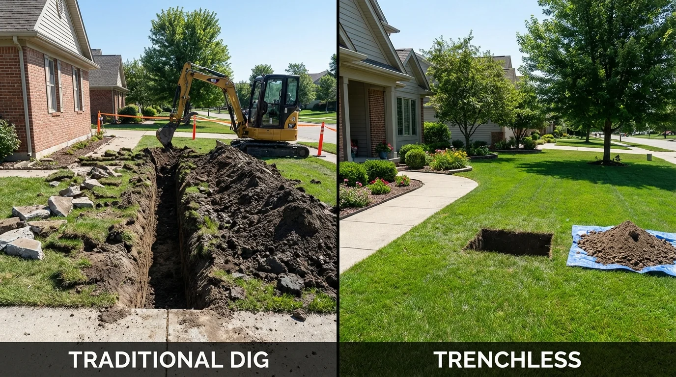 Trenchless sewer repair with minimal yard damage versus traditional excavation in Bartlesville, OK