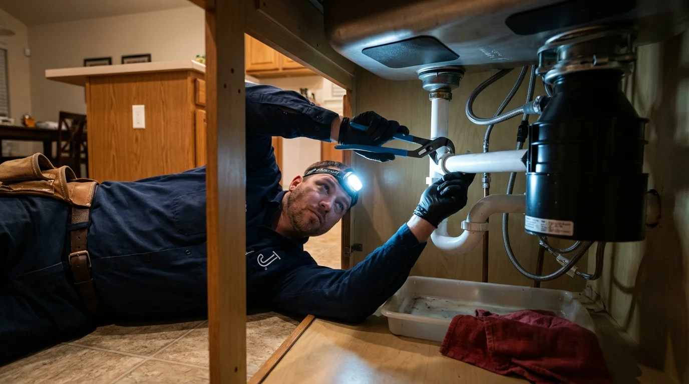 P-trap and supply line connections under a kitchen sink showing a common leak point in Bartlesville, OK